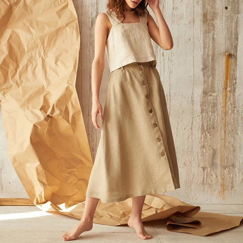 Vintage Cotton Linen Women Tan - Summer De Clothing ulasan dan harga
