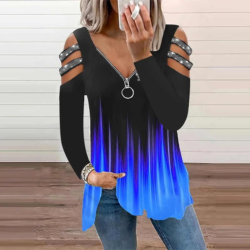 Gradient Color Zipper V Neck T - Summer Clothing Drop ulasan dan harga