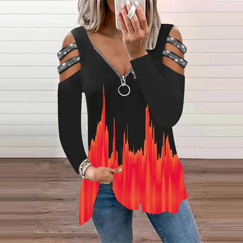 Gradient Color Zipper V Neck T - Summer Clothing Drop ulasan dan harga