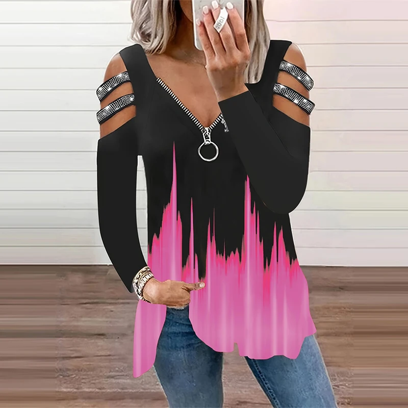 Gradient Color Zipper V Neck T - Summer Clothing Drop ulasan dan harga