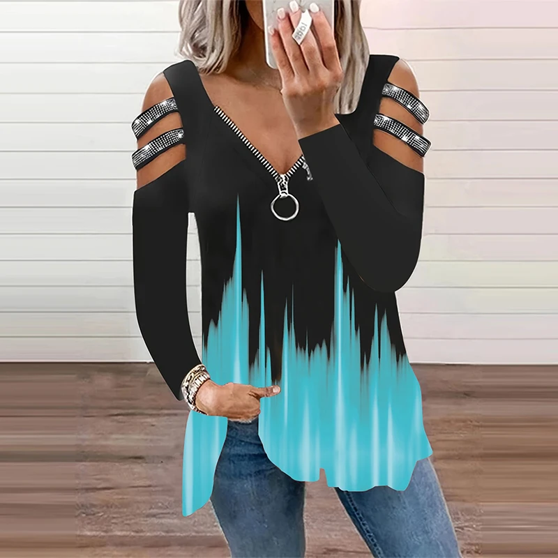 Gradient Color Zipper V Neck T - Summer Clothing Drop ulasan dan harga