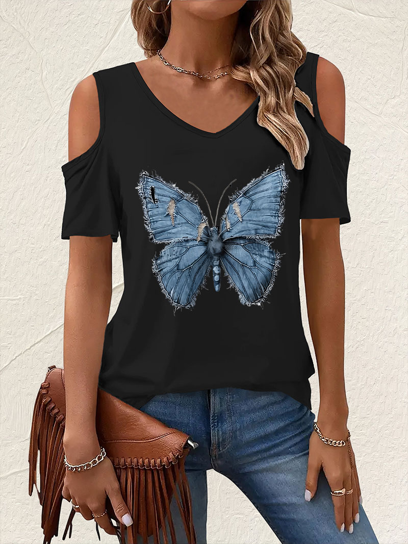 Vintage V-Neck Butterfly Print - Summer Clothing Drop ulasan dan harga