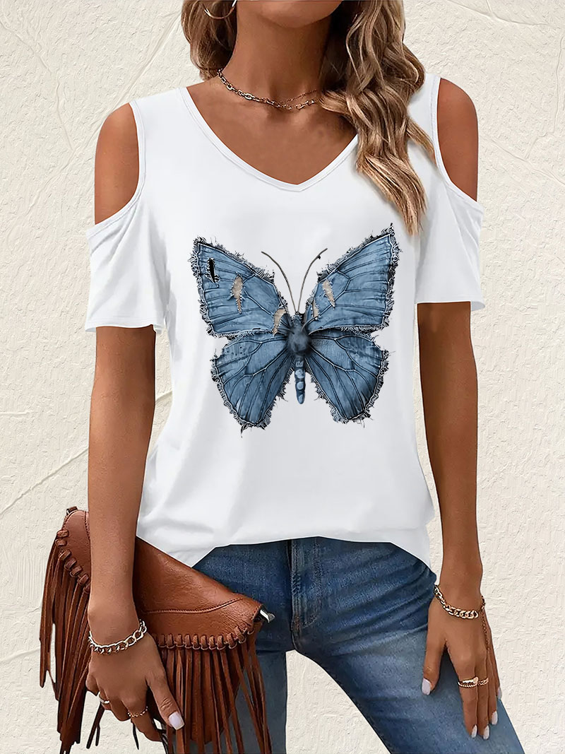 Vintage V-Neck Butterfly Print - Summer Clothing Drop ulasan dan harga